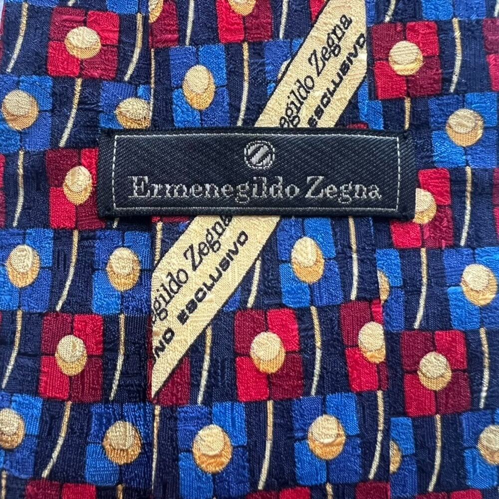Ermenegildo Zegna Necktie Men's 100% Silk Blue Red Gold Geometric Made In Italy
